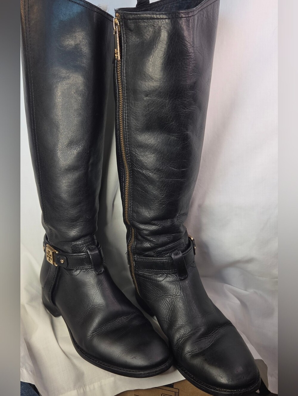 Tory Burch Alessandra Black Leather Tall Riding Boot Gold Hardware Sz 8M Classic